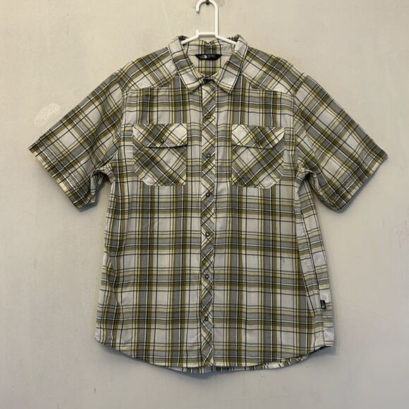 The North Face yellow gray plaid short snap button front shirt Size L EUC - Picture 2 of 12